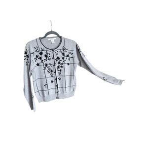 Vintage 90s Lise J. Gray Cotton ramie cardigan sweater cropped beaded medium